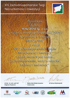 nagroda za najlepszą inwestycję deweloperską podczas Zachodniopomorskich Targów Nieruchomości i Inwestycji